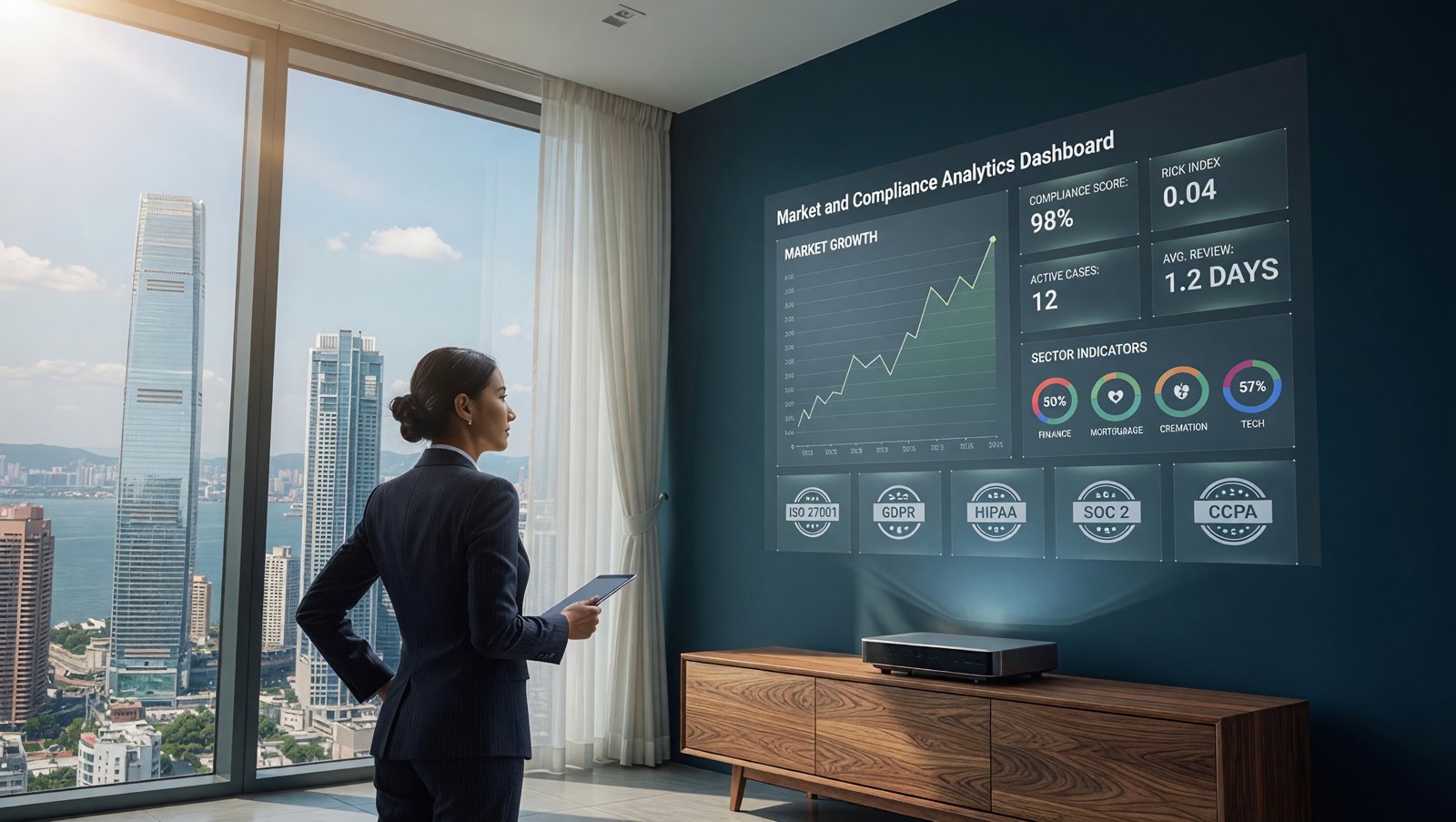 A regulatory analyst reviewing a live market and compliance analytics dashboard on a large display, navy and teal lighting.